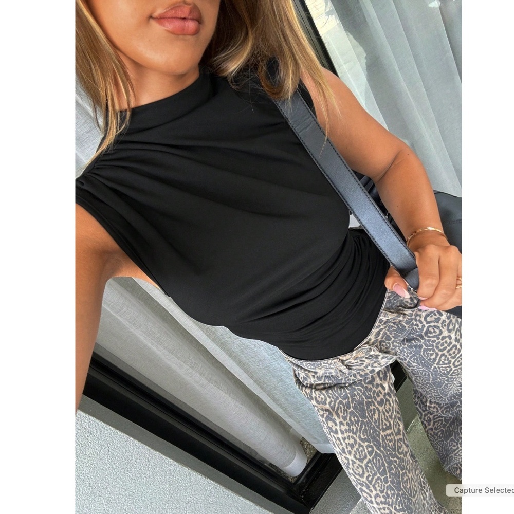 Ruched Black Asymmetrical Sleeveless Bodysuit - Picture 10 of 13